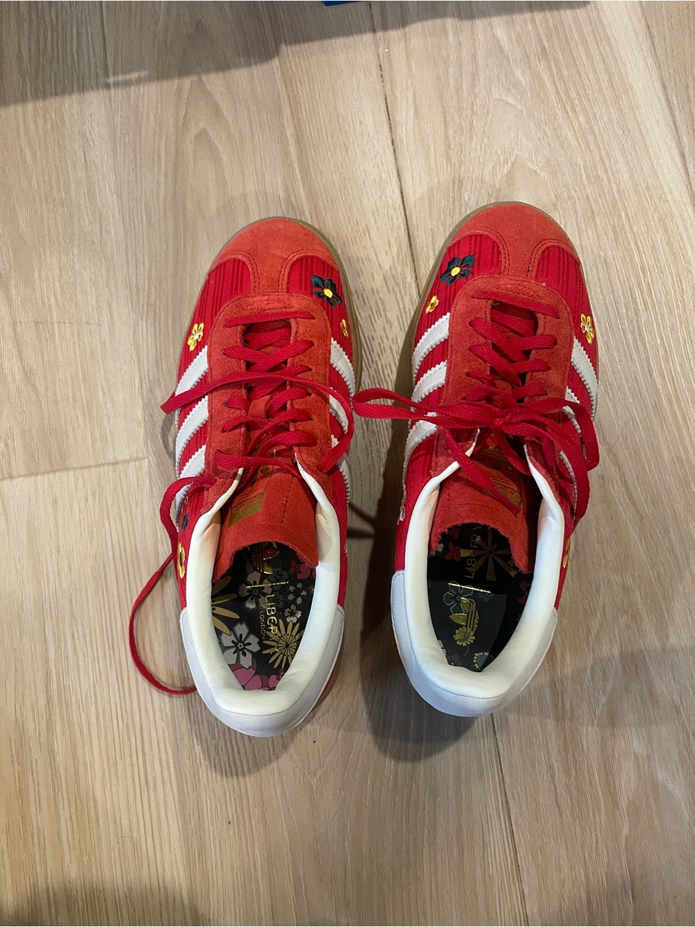 adidas Liberty Red Floral Platform Sneakers with White Stripes - Picture 2 of 7